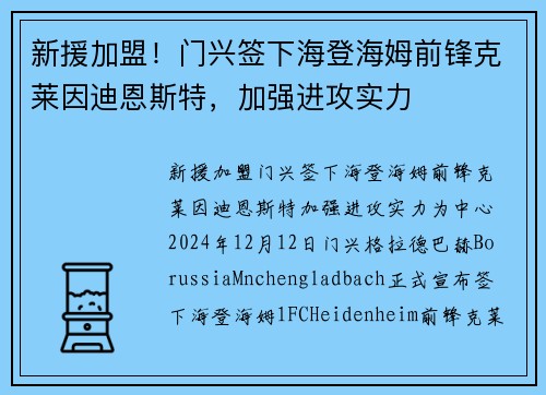 新援加盟！门兴签下海登海姆前锋克莱因迪恩斯特，加强进攻实力