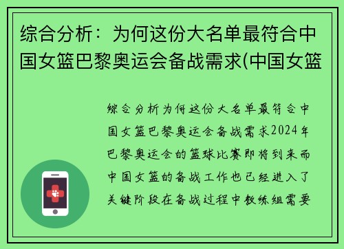 综合分析：为何这份大名单最符合中国女篮巴黎奥运会备战需求(中国女篮奥运会8强对手)