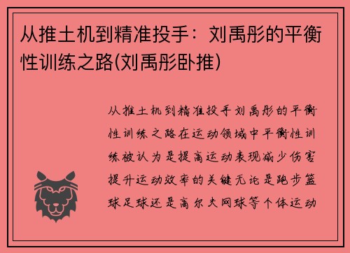 从推土机到精准投手：刘禹彤的平衡性训练之路(刘禹彤卧推)